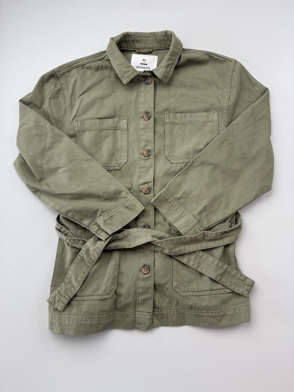&DENIM Jacket Womens Medium Green Cotton Twill Belted Button Front Utility Army